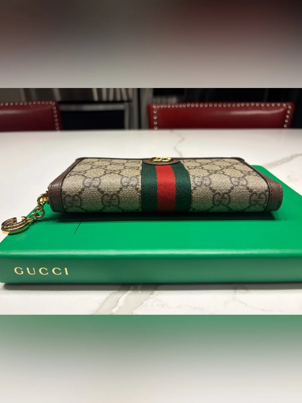 Gucci Ophidia GG Supreme Zip Around Wallet with Web Stripe & Gold Hardware